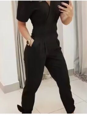 Women's Black Short-Sleeve Tie-Hem Jumpsuit